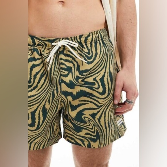 Men’s PacSun Warp 4.5" Swim Trunks Board Shorts Large Green Gold Waves Wavey - Picture 1 of 15